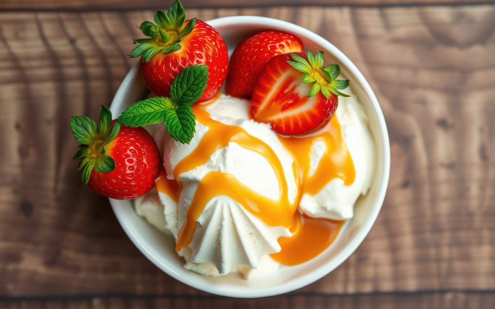 A bowl of whipped cream, caramel sauce, and strawberries sits on a wooden table
